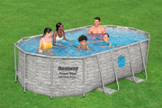 Set completo de piscina con estructura Bestway Power Steel Swim Vista Series, incluye bomba de filtro, 427 x 250 x 100 cm, aspecto de pared de piedra (gris crema), ovalada