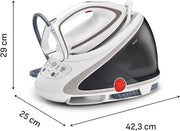 Centro de planchado Tefal Pro Express Ultimate, 7,7 bares, 155 g/min de vapor continuo, 500 g/min de golpe de vapor, 2600 vatios, colector de cal, plancha con centro de vapor, blanco/gris, GV9567