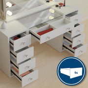 CLP Tocador Tiline Espejo Hollywood Iluminación LED 9 cajones superficie de cristal puerto USB blanco