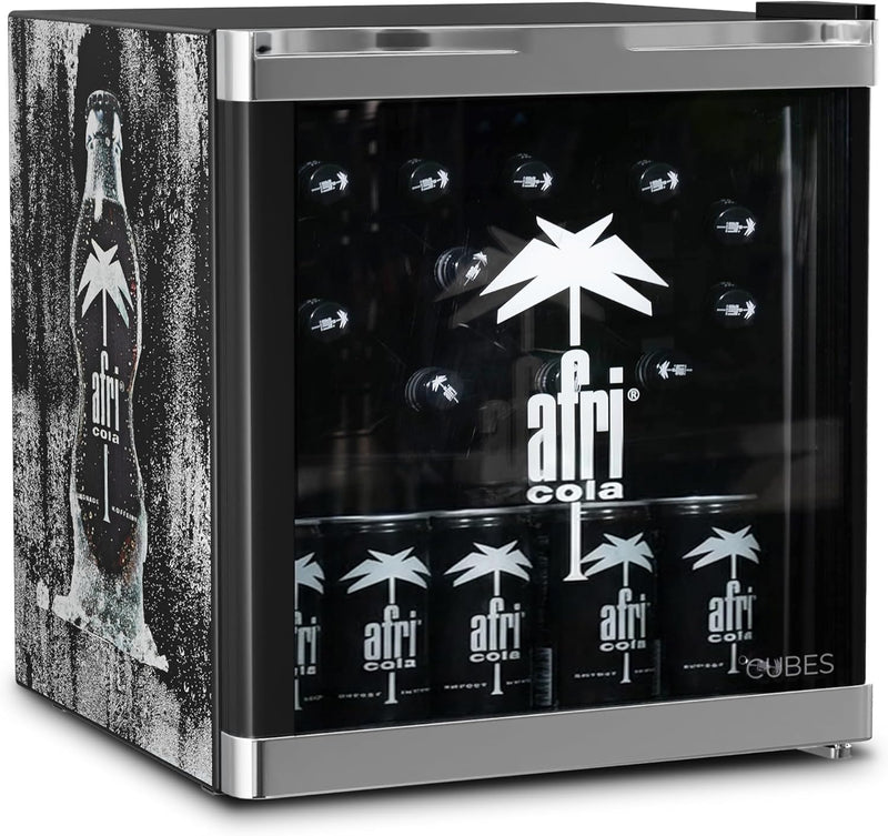°CUBES Mini refrigerador de bebidas Afri Cola 48L (negro) – Frigorífico compacto para botellas con puerta de cristal y bisagra reversible – Silencioso y eficiente energéticamente – Para bar, cocina, oficina en casa – Enfriador de bebidas