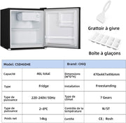 Mininevera CHIQ CSD46D4E de 46 L, 47 x 44,7 cm, compacta y silenciosa, botellero integrado, termostato regulable, diseño moderno en negro, ideal para dormitorio, oficina, cocina, salón
