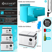 Nevera portátil con compresor KESSER 2 en 1 de doble zona, refrigeración y congelador eléctrico con 2 acumuladores de frío y panel táctil LED | Refrigerador con enfriamiento hasta -20 °C para camping, coche, camión 12/24V 230V