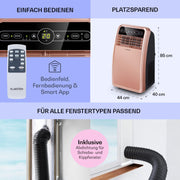 Aire acondicionado portátil Klarstein con manguera de escape, unidad 4 en 1 con ventilador, deshumidificador y modo nocturno, aire acondicionado pequeño y portátil para el hogar y la oficina, bajo consumo, 9000 BTU