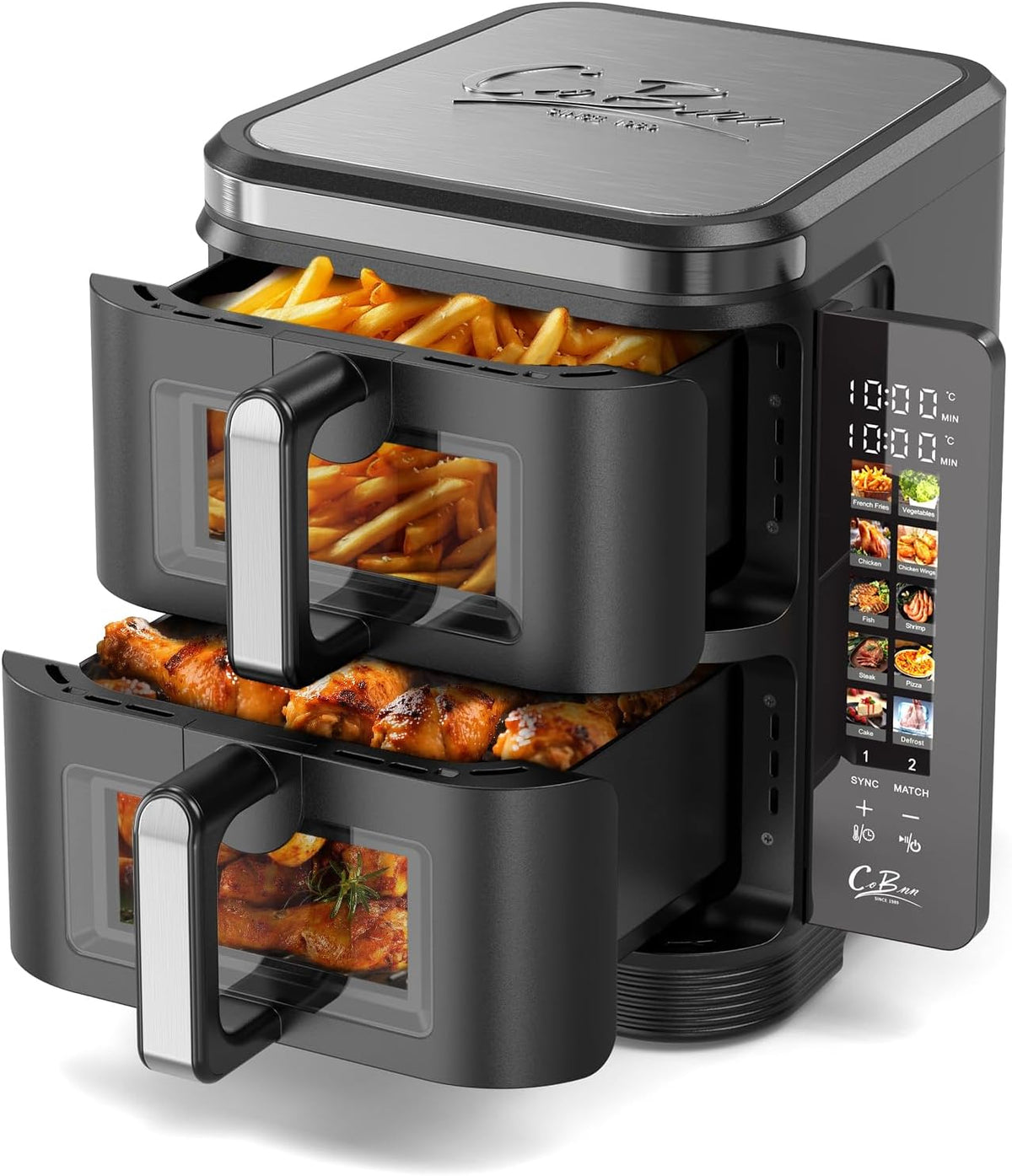 COBNN Freidora de aire vertical de doble compartimento, 11L Dual Zone Airfryer con pantalla a color plegable, 10 programas, ventana de visualización, material ignífugo V0, 2800W