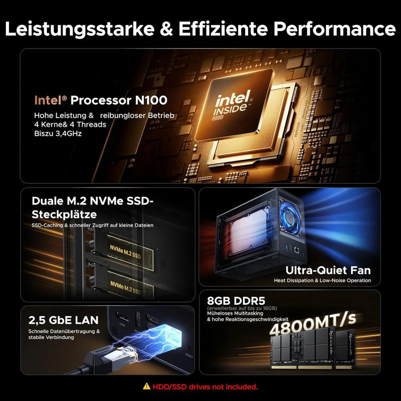 Almacenamiento en red NAS de 2 bahías, Intel N100, 8 GB de RAM DDR5, Ethernet de 2.5GbE, 2 ranuras M.2 NVMe, HDMI 4K, DXP2800, sin discos duros