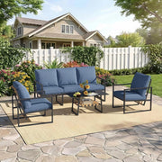 YODOLLA Juego de muebles de jardín, conjunto de 4 piezas para 4-5 personas, muebles de balcón con respaldos de ratán sintético, sofá de 3 plazas y 2 sillones con mesa de centro para jardín, azul oscuro