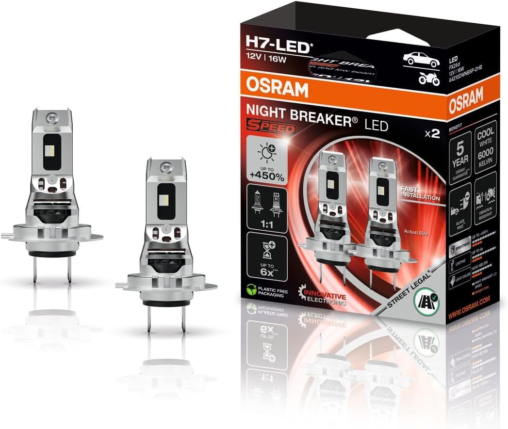 OSRAM NIGHT BREAKER LED SPEED H7 450, luces de carretera y de cruce LED homologadas para uso en carretera, hasta un 450% más de brillo, 6000 K, no requiere accesorios mecánicos, LEDEC02 integrado