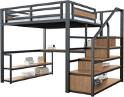Litera alta de metal de 140x200 con escalera de almacenamiento con estantes y escritorio, diseño de valla de seguridad con tablones de metal unidos, cama de estructura de hierro alta con marco de metal para un soporte estable (negro)