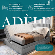Cama boxspring TRADA ADÈLE 140x200 cm - cama eléctrica con colchón, sobrecolchón y arcón - tapizado de terciopelo - Gris claro