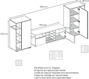 Mueble de salón Vladon Davos, compuesto por 2 vitrinas y 1 mueble para TV, antracita mate/blanco brillo, incl. iluminación LED (329 x 134 x 35 cm)