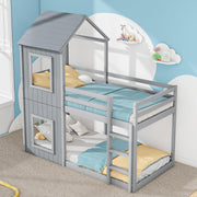 Cama infantil 90x200 cm, litera para 2 niños, cama alta con protección anticaídas, litera en forma de casa del árbol para niños y niñas, cama individual de madera maciza, cama de juegos, sin colchón, gris