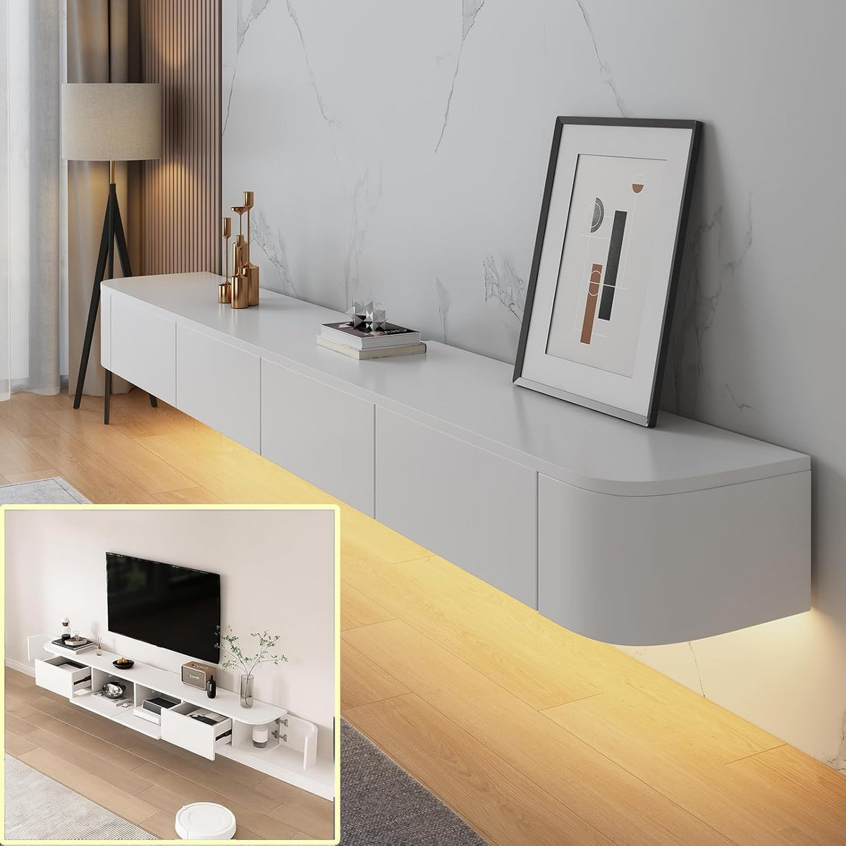 Consola multimedia para pared de TV flotante, banco de almacenamiento grande bajo TV, mueble bajo con cajones y soporte para router, (Blanco B + LED, 180 x 20 x 30 cm)