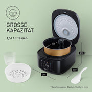 Panasonic SR-DA152KXE Arrocera automática con vaporera, 1,5 litros, 8 tazas, lógica difusa (Fuzzy Logic), indicador de proporción de agua, libre de BPA, función de mantener caliente, inicio programado, piezas aptas para lavavajillas, negro