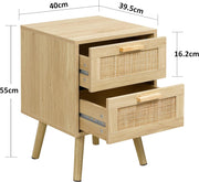 Finnhomy Juego de 2 mesitas de noche, mesas auxiliares con 2 cajones decorados a mano en ratán, de madera, con almacenamiento para dormitorio, natural