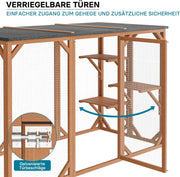 Recinto exterior para gatos Wiltec 168 x 82 x 166,5 cm con 6 superficies de descanso, recinto para gatos resistente a la intemperie para jardín, caseta para gatos con malla de alambre y techo de betún
