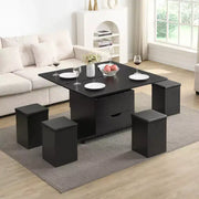 Mesa de centro elevable moderna multifuncional Zeus & Ruta con almacenamiento oculto, 4 taburetes y ruedas, perfecta para espacios modernos