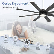 Ventilador de techo negro de 65 pulgadas y 8 aspas con luz y control remoto