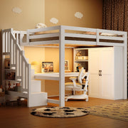 Cama alta de 140x200 con escritorio y estantería, armario, escalera con almacenaje, USB y luces LED, blanco