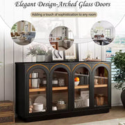 Aparador grande de 4 puertas con puertas de vidrio, gabinete arqueado con estantes ajustables para cocina