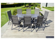 Conjunto de aluminio "Houston", 9 piezas: mesa extensible y 8 sillas de respaldo alto, gris