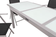 Conjunto de comedor de jardín Villana, plata/negro, aluminio/textil, mesa 160/220 cm, 6 sillas plegables