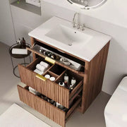 Conjunto de tocador de baño moderno estriado con lavabo de cerámica integrado, mueble de baño independiente con 3 cajones para baño contemporáneo