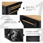 54 Isla de cocina grande con ala abatible de madera de caucho, carro de cocina rodante con textura repujada sobre 4 ruedas con 4 puertas y 3 cajones