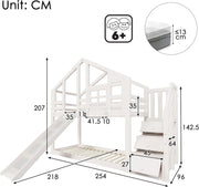 Cama litera infantil Merax 90x200cm, cama casita, litera alta con tobogán, escalera, compartimento de almacenamiento, espacio de almacenamiento, somier, protección anticaídas, con ventana, para 2 niños, sin colchón, blanco/254x96x207cm