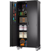 Gabinete de almacenamiento para garaje con ruedas y tablero perforado, armario de metal con cerradura de 72" de altura, 2 puertas y 4 estantes ajustables para taller de garaje