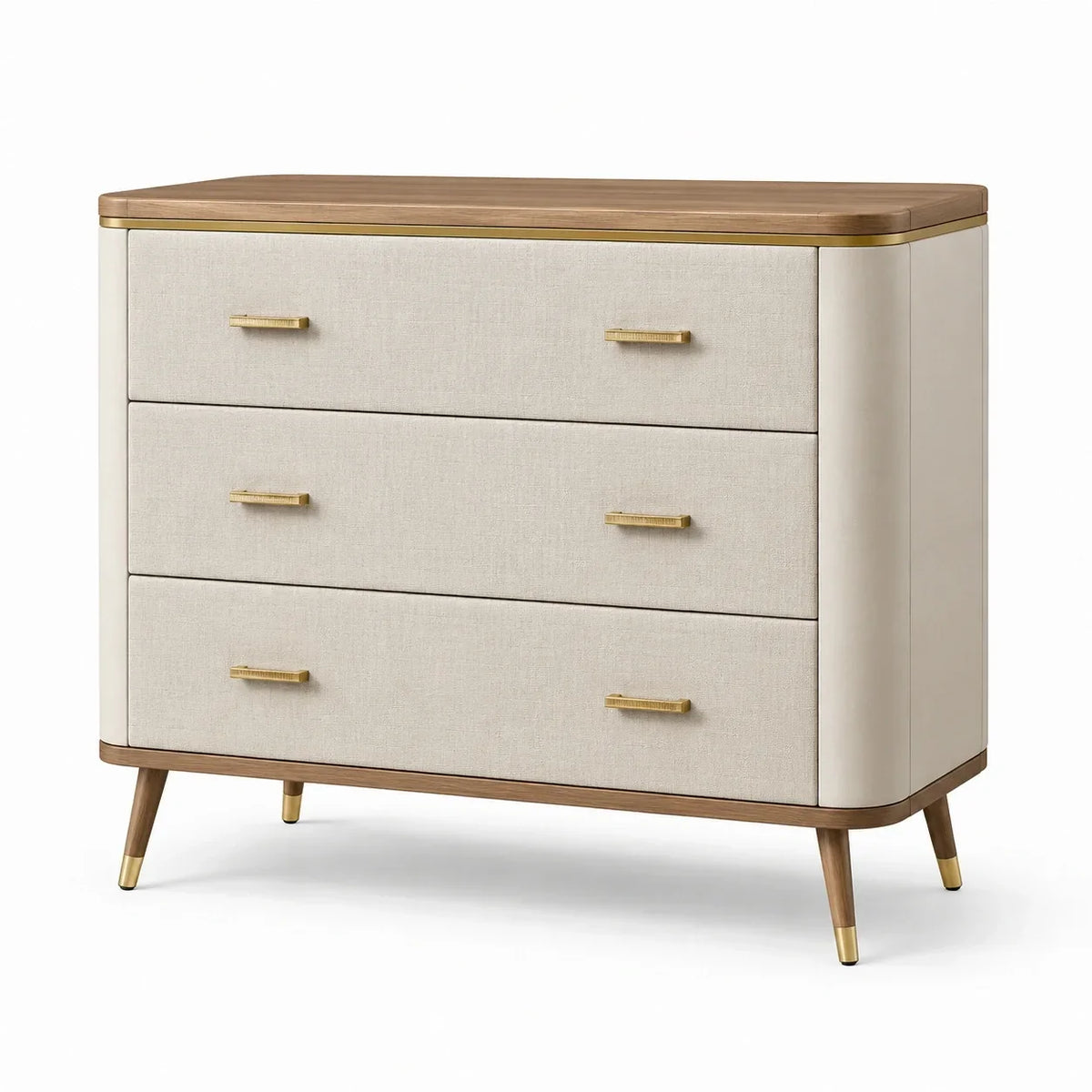 Cómoda de madera con revestimiento de lino, 3 cajones, beige