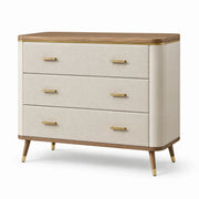 Cómoda de madera con revestimiento de lino, 3 cajones, beige