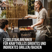 EndersGasgrill Urban II Pro, parrilla de mesa, función de asado, cocción y horneado, 2 quemadores de acero inoxidable, con termómetro para parrilla, parrilla para balcón y camping, carcasa de aluminio fundido, rejilla de hierro fundido, #2062
