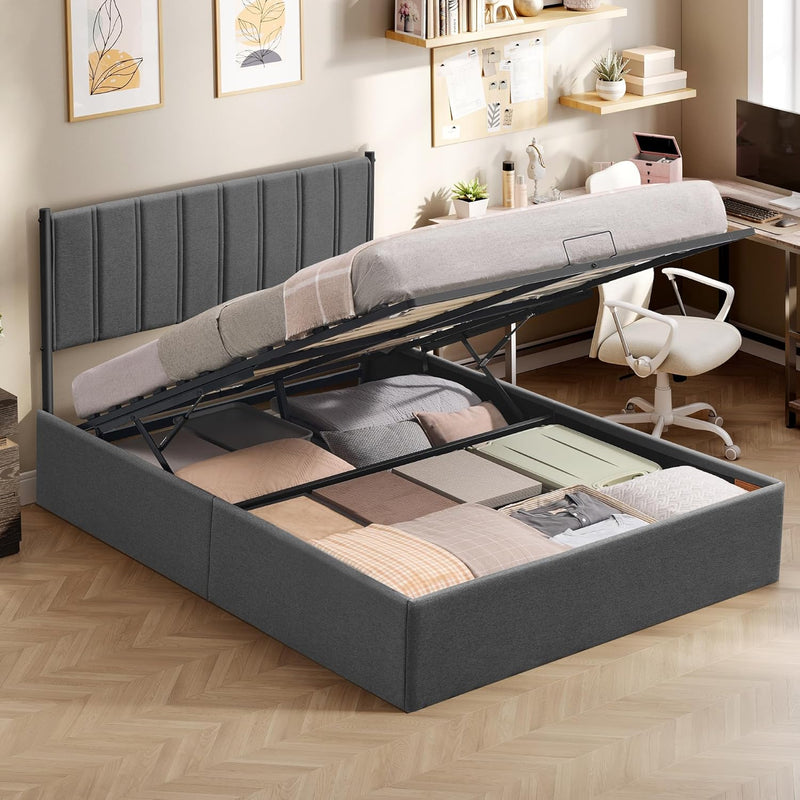 VASAGLE Estructura de cama, marco de cama, cama, 140 x 200 cm, somier abatible, almacenaje debajo de la cama, cabecero, sistema hidráulico, moderno, montaje sencillo, gris oscuro RMB614G02