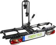 EUFAB 12012LASON Poker-F Plus Portabicicletas exclusivo en Amazon con soportes de cuadro bloqueables, compatible con bicicletas eléctricas, totalmente premontado, para 2 bicicletas, para enganche de remolque, negro