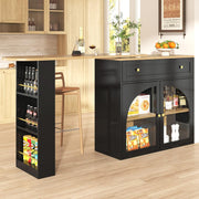 Mesa de bar extensible KOMHTOM, bar de cocina con espacio de almacenamiento, aparador con estantes, vitrina y cajón, mesa de comedor giratoria con armario de almacenamiento (negro)