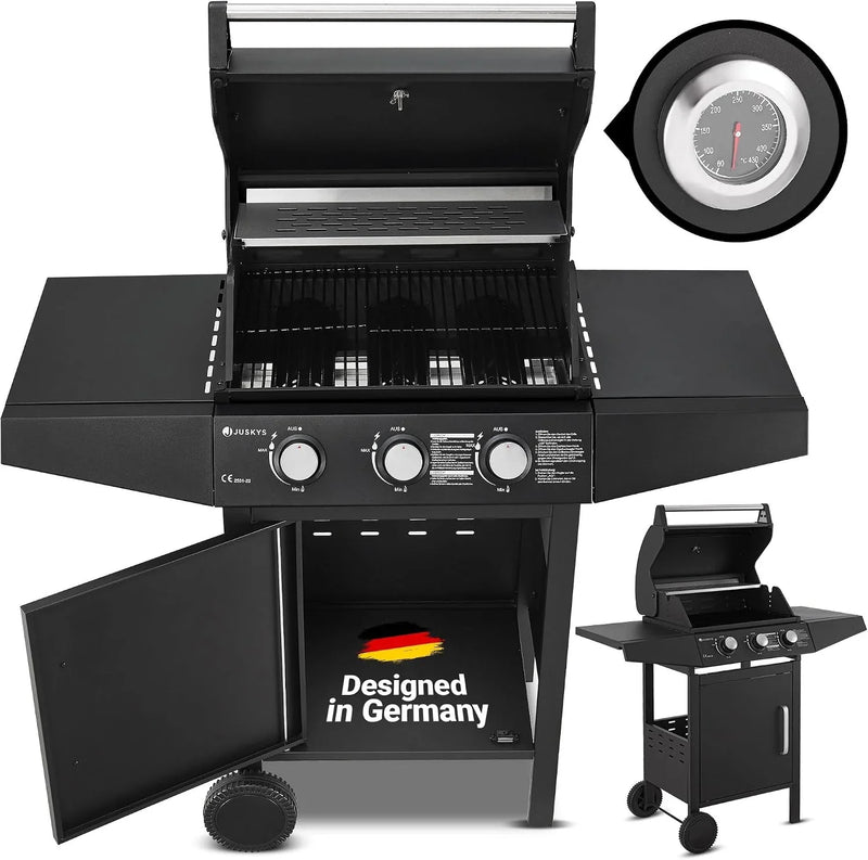 Barbacoa de gas con carro Louisiana, 3 quemadores, 8,1 kW, con tapa, termómetro, rejilla para mantener caliente, parrilla y funda protectora