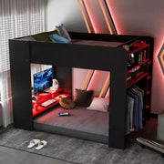 Cama alta de tamaño completo Luxystar con escritorio ajustable iluminado, armario abierto y estantería