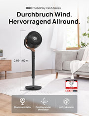 Ventilador de pie silencioso DREO de 23 dB, ventilador oscilante omnidireccional de 120°+120°, alcance de aire de 27 m, circulador de aire turbo real con un volumen de aire de 1615 m³/h, altura de 89-102 cm, 3 modos y 8 velocidades
