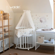 Cuna ovalada evolutiva Waldin, set completo 7 en 1, cuna de barrotes, cama infantil con colchón, cambiador, cuna colecho, madera blanca