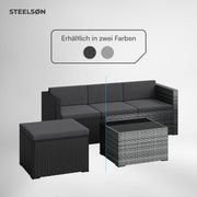 Set de muebles de jardín de ratán STEELSØN Zethora de 3 piezas – Conjunto de asientos para exterior para jardín/terraza/balcón – Salón de jardín con sofá de 3 plazas, taburete y mesa – Conjunto de muebles gris/antracita para 4 personas