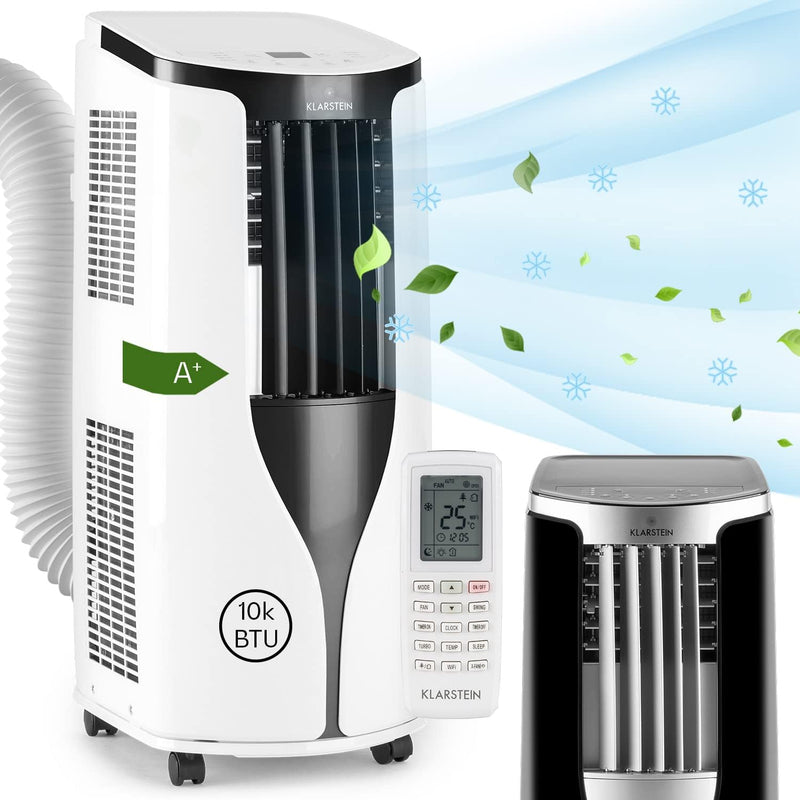 Aire acondicionado portátil Klarstein con manguera de escape, unidad 3 en 1 con ventilador y deshumidificador, aire acondicionado pequeño y portátil para hogar y oficina, aire acondicionado de 10 000 BTU de bajo consumo