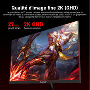 Monitor PC Gawfolk de 27 pulgadas, 2K WQHD (2560×1440P), monitor gaming de 165Hz, 1ms sin bordes, 98% sRGB, gran ángulo de 178°, HDMI, DisplayPort, compatible con soportes de pared VESA 100×100 mm - Negro