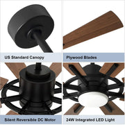 Ventilador de techo con luz, control remoto y 8 aspas grandes de madera