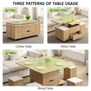 Mesa de centro elevable moderna multifuncional Zeus & Ruta con almacenamiento oculto, 4 taburetes y ruedas, perfecta para espacios modernos