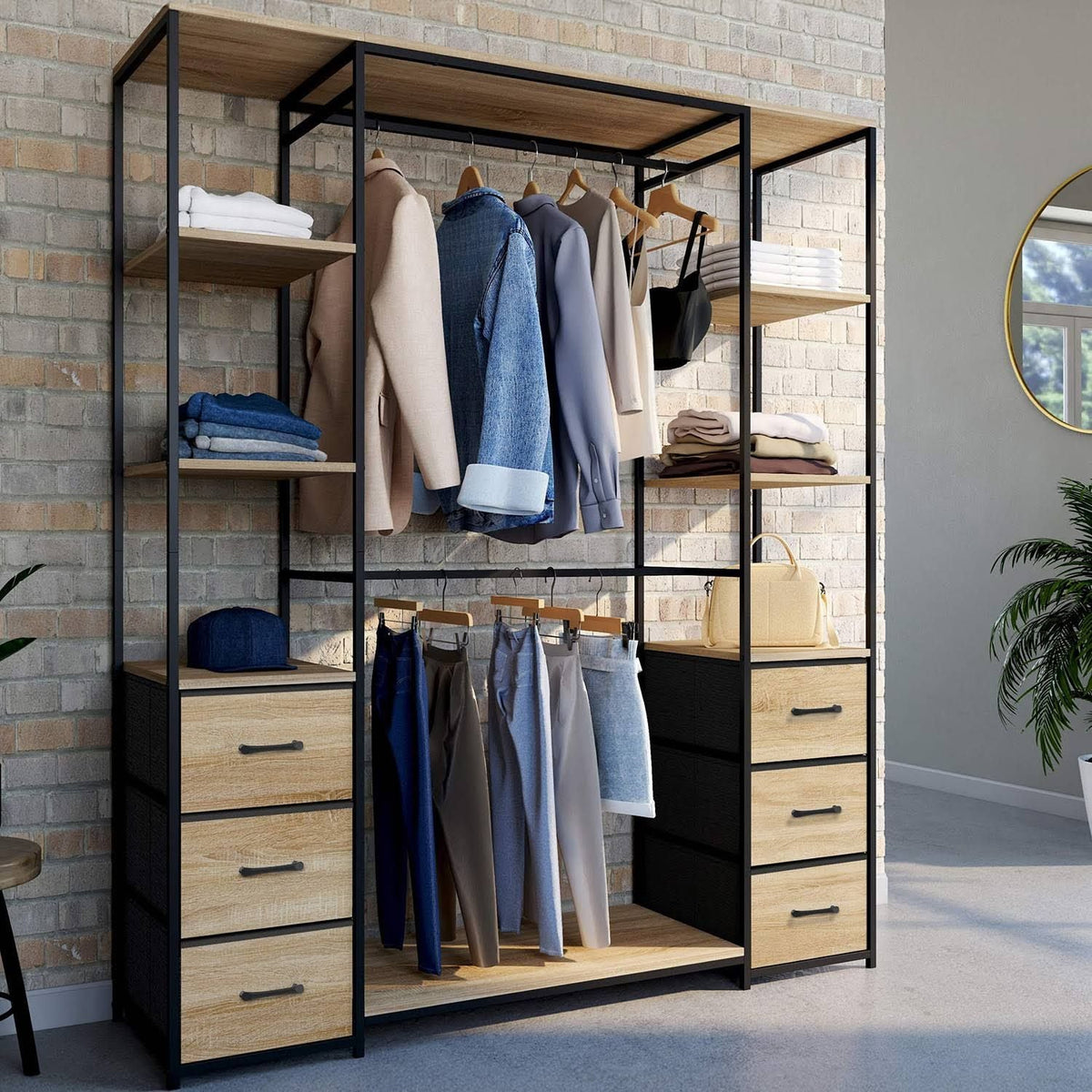 Vestidor id market Doble armario + Doble columna An. 140 cm Utah con 6 estantes y 6 cajas de tela madera y