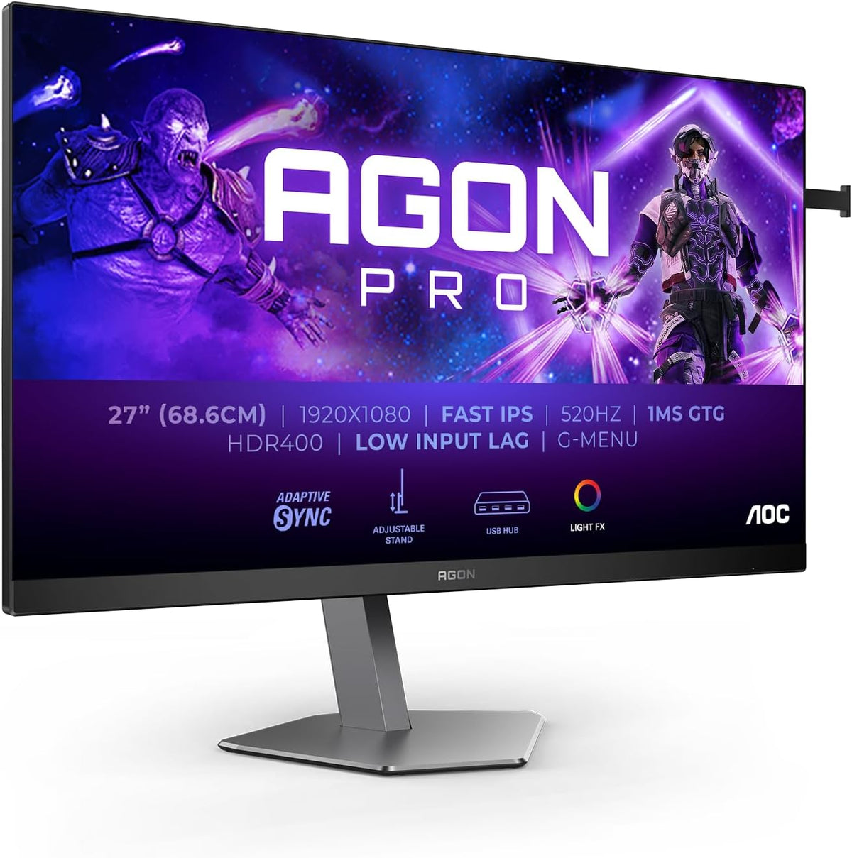 Monitor gaming AOC Agon Pro AG276FK FHD de 27", 520 Hz, 1 ms GtG, Adaptive Sync., compatible con G-Sync, HDR400 (2 x HDMI, 1 x DisplayPort 1.4, concentrador USB) Negro/Gris