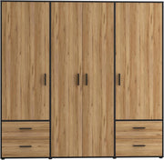 Armario FORTE Jupiter 200 210, armario ropero, armario de puertas batientes, 4 puertas, con 4 cajones y estantes, negro con decoración de madera: roble Catania, 206 cm de ancho x 53 cm de profundidad x 200 cm de alto