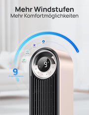DREO 25dB Ventilador de torre inteligente y silencioso con refrigeración, ventilador de torre WiFi de 106cm compatible con Alexa, oscilación de 90°, control remoto, 9 velocidades, 4 modos, temporizador de 12 horas, control por voz, luz estelar