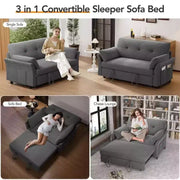 Sofá cama extraíble 3 en 1 de 51 pulgadas, sofá biplaza convertible con respaldo reclinable ajustable, sofá tapizado en chenilla, bolsillo lateral