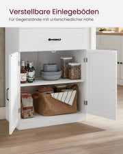 VASAGLE Armario de cocina, armario multiusos, armario de despensa, con estantes ajustables, apto para microondas, cajón, puertas de cristal, orificio para cables, estilo moderno, blanco LSC361W21